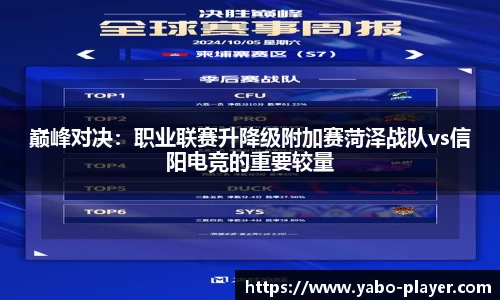 巅峰对决：职业联赛升降级附加赛菏泽战队vs信阳电竞的重要较量